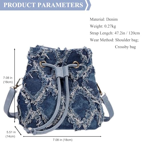 Distressed Denim Purse for Women Drawstring Bucket Crossbody Bag Casual Hobo Jean Purses (Blue-A)2