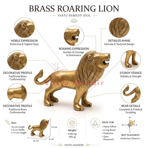 Image of Pure Brass Roaring Lion Statue, Gold Finish, Decorative Religious Figurine for Home and Office, North-East Zone Placement, Traditional Art Deco Style | 16x6x14 cm | 985g