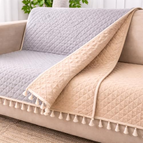 Image of DecorTwist Premium Reversible Quilted Velvet Sofa Cover for 2 & 3 Seater | Luxury Sofa Protector with Tassels | Soft, Durable & Pet Friendly | Grey /Beige & Beige (Beige, 2 Seater)