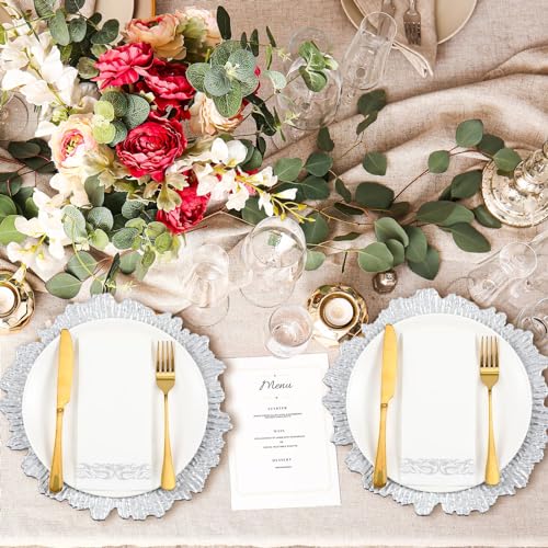 Reef-Charger-Plate-Set-Bulk-13-Plastic-Plate-Chargers-Matte-Ruffled-Rim-Charger-Plates-with-Paper-Napkins-Disposable-Guest-Towels-for-Table-Setting-Wedding-PartySilver-100-Pcs