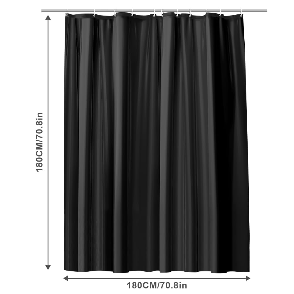 URAQT Shower Curtain Anti Mould, Upgrade PEVA Waterproof Bath Curtains, Mildew Resistant Bathroom Shower Curtains with 12 Hooks, Black Bathtub Curtains with Metal Rustproof Eyelets, 180 x 180 cm - Image 2