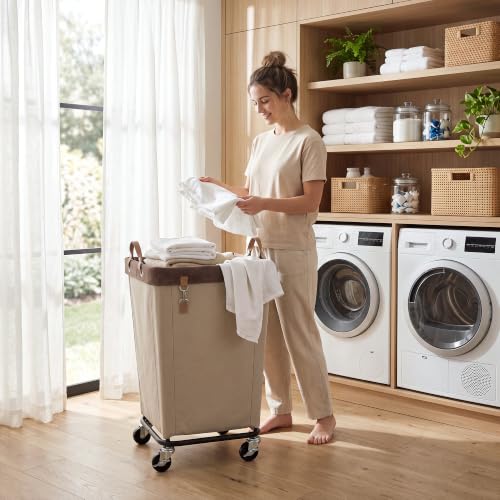 Image of StorageWorks Laundry Hamper with Wheels, Rolling Laundry Basket, Dirty Clothes Hamper for Hotel, Home, Closet, Dorm (Light Khaki, 110L)