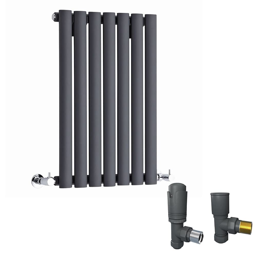 Warmehaus Anthracite 600 X 414Mm Single Oval Column Horizontal Radiator With Thermostatic Valves Set