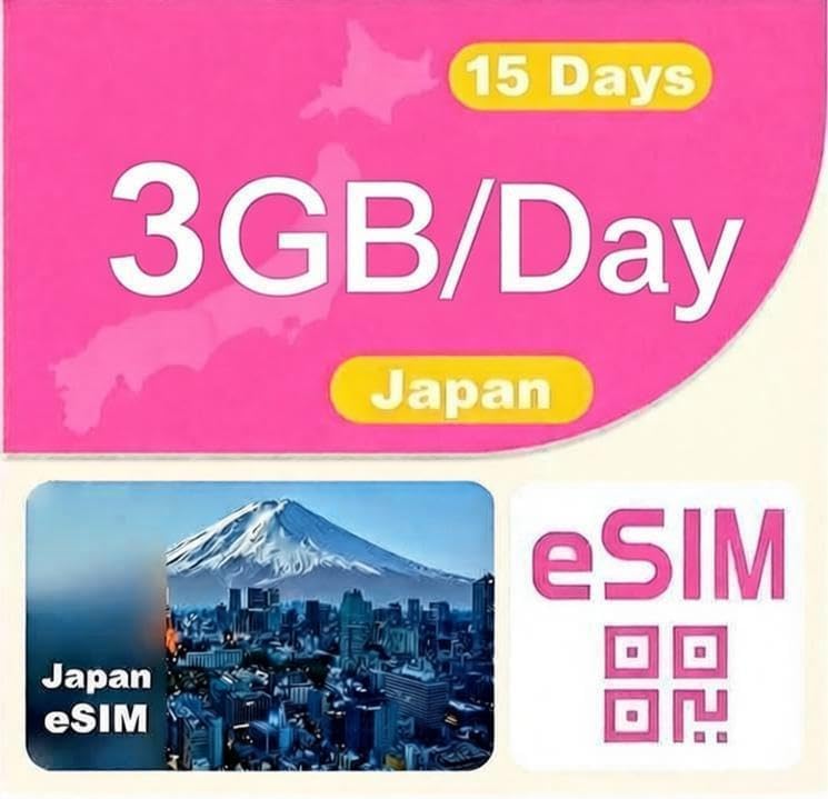 Japan Travel eSIM Card - 1GB per Day, 7-Day prepaid Data Plan | 4G LTE high-Speed Data + Unlimited Low-Speed Data | Hotspot Supported | No Contract & no SIM Card Required (3GB per Day, 15-Day)