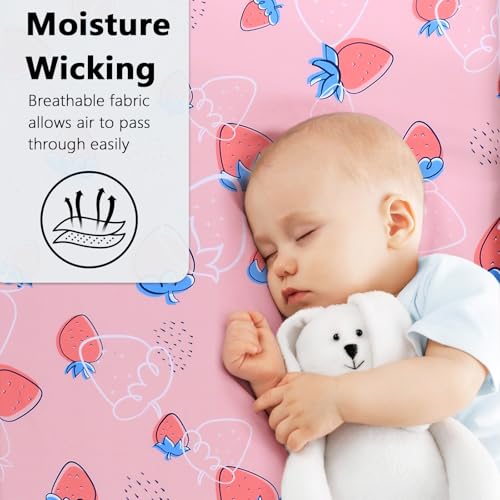 Image of Baby Fitted Crib Sheet Soft Microfiber 52 inch x 28 inch Crib Mattress Sheet for Girls Breathable Baby Bedding with Strawberry Pattern Design Pink