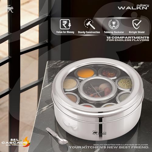 Image of WALKN 12 in 1 See Through Stainless Steel Masala box for Kitchen | Spice Box | Spice Organiser | Masala Daani | Masala Dabba with 9 Containers and Small Spoons | 2.5L