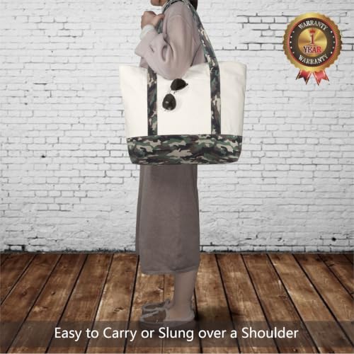 Image of TOPDesign 1-Pack Canvas Tote Bag with an External Pocket, Reusable Grocery Shopping Bag, Top Zipper Closure, Daily Essentials (Camo /Natural)