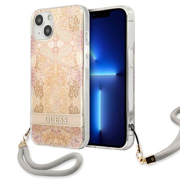 Guess GUHCP13SHFLSD Coque pour iPhone 13 Mini 5,4" Or Coque Rigide avec Sangle de Fleurs