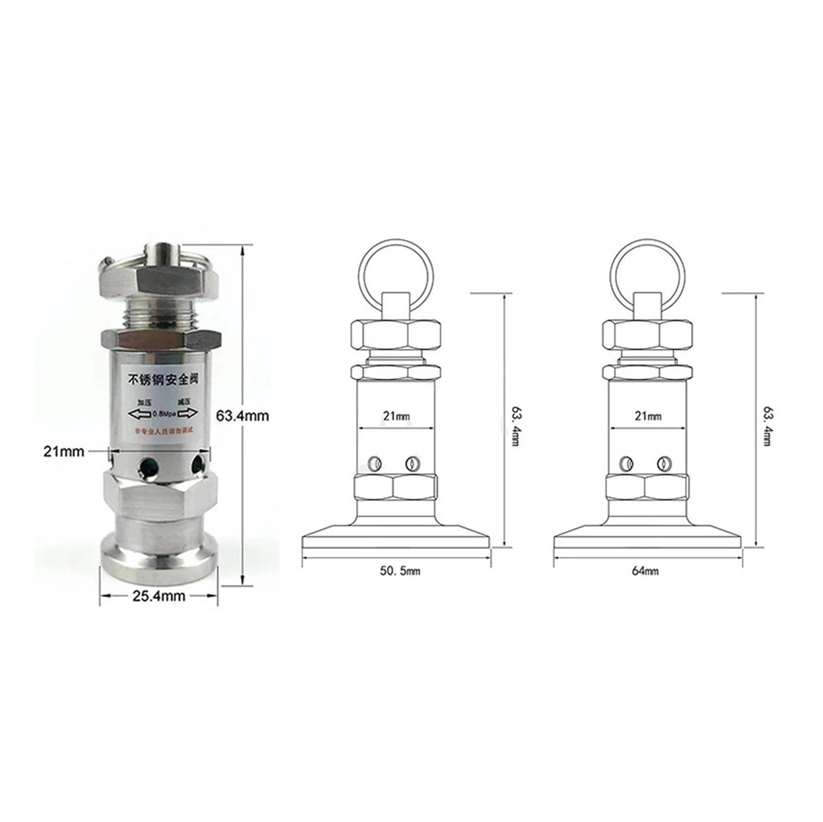 Válvula de presión de Triple Abrazadera de 1/2", 1,5" y 2", diámetro Exterior 50,5, Acero Inoxidable 304(9bar)