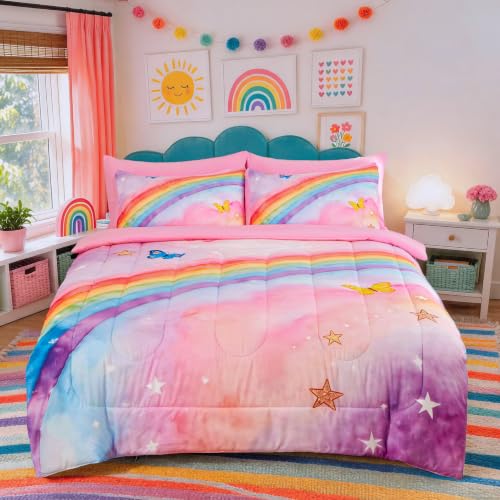Image of Twin Comforter Set for Girls 5 Piece Pink Rainbow Bedding Set for Girls Super Soft Microfiber Bed Set Bed in a Bag with Comforter Sheets Pillowcase & Sham (5 Piece Twin Size)