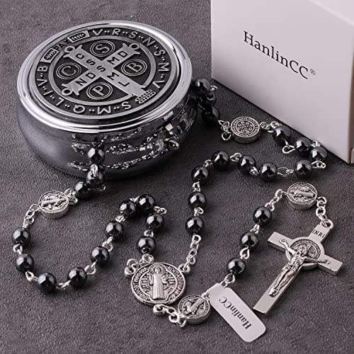 HanlinCC 6mm Hematite Stone Black Beads Catholic Saint Benedict Rosary Necklace for Men and Boy with St.Benedict Center Piece and Crucifix with Metal Gift Box3