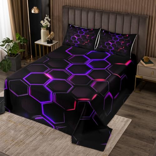 Honeycomb Kids Quilt Set Twin Size,Geometric Hexagon Coverlet Bedspread,Abstract Red Purple Beehive Bed Cover Set,Geometry Honeycomb Bedspread 2 Piece (1 Quilt,1 Pillow Sham)