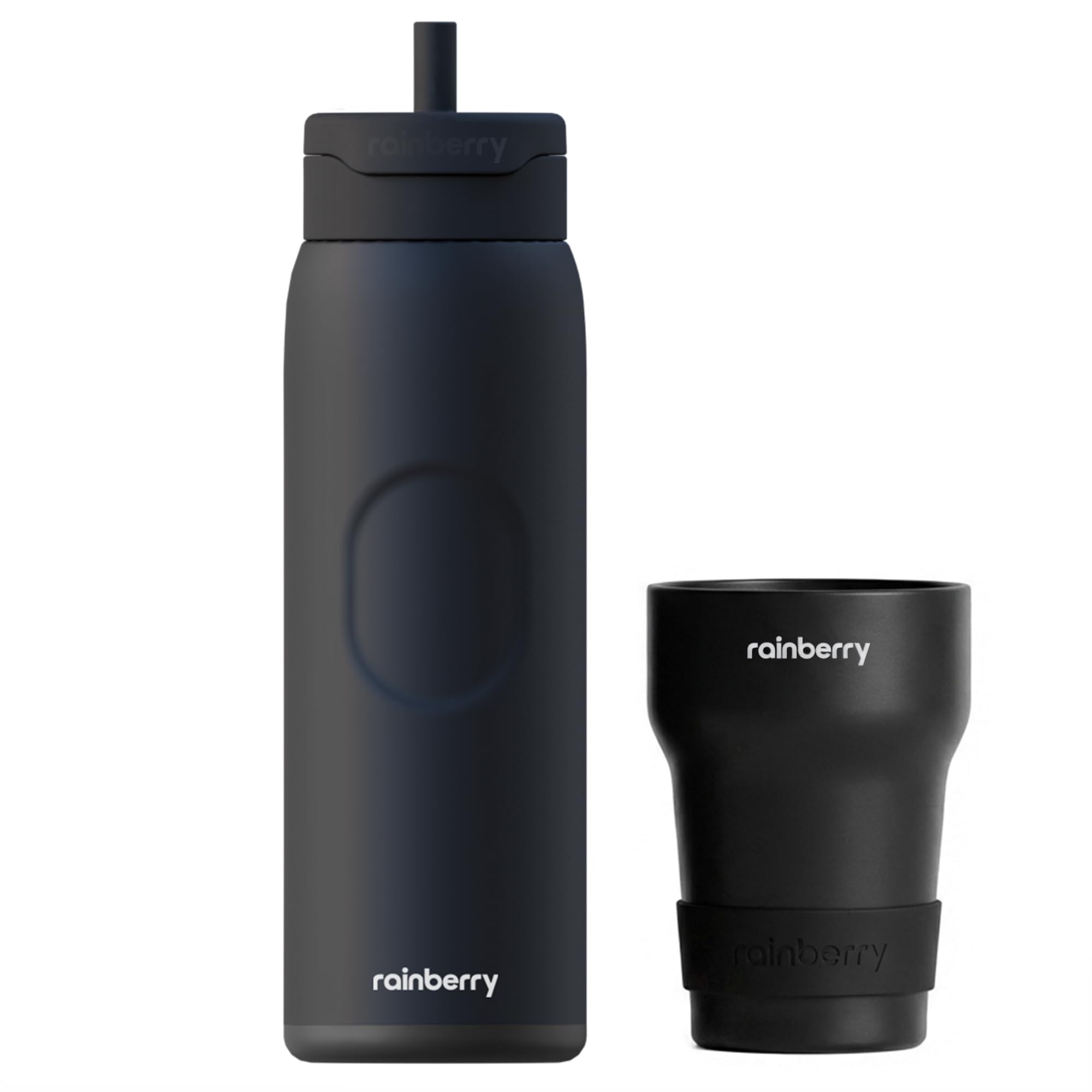 Isolierte 1,2L Edelstahl Trinkflasche/Wasserflasche mit Strohhalmdeckel, doppelwandig vakuumisoliert, klappbarem Griff & Auto-Getränkehalter Adapter (Schwarz)