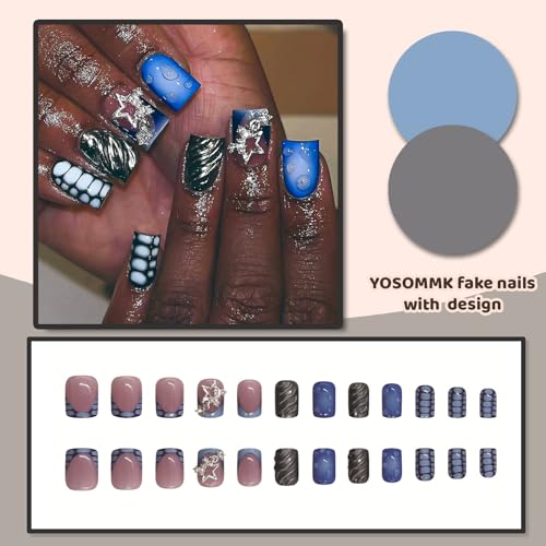 YOSOMMK Blue Press on Nails Short Square Fake Nails with Star Designs Glossy Glue on Nail 3D Swirl False Nails Y2K Stick on Acrylic Nail for Women and Girls - Image 4