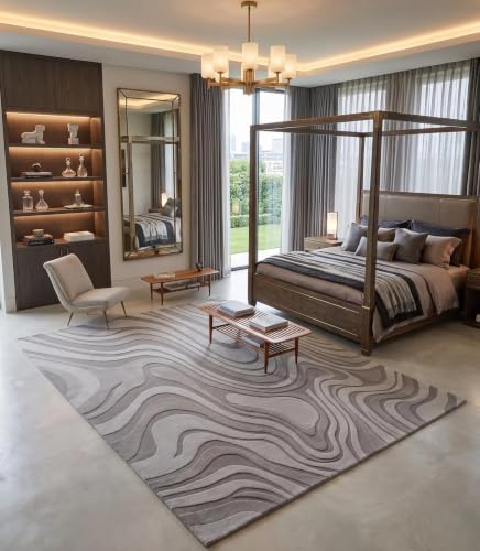 Image of Hand Tufted Premium Wool Abstract Topographic Wave Design Carpet, Modern Geometric Pattern Carpet for Living Room, Bedroom, Office & Home Decor Size 12x18 Feet