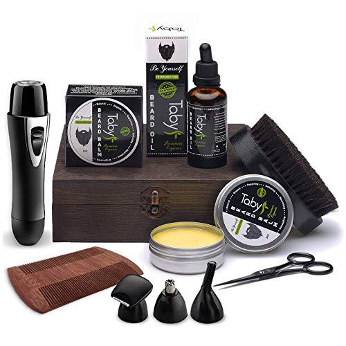 Beard Care Kit, Grooming & Trimming Gift Set for Men Includes – Beard Oil, Beard Balm, Horsehair Brush, Wooden Comb, Facial, Nose & Ear Trimmer, Beard & Mustache Scissors