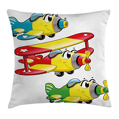 Lunarable Cartoon Throw Pillow Cushion Cover, Airplanes Plane Jet Style Aircraft Flying Boys and Girls, Decorative Square Accent Pillow Case, 28