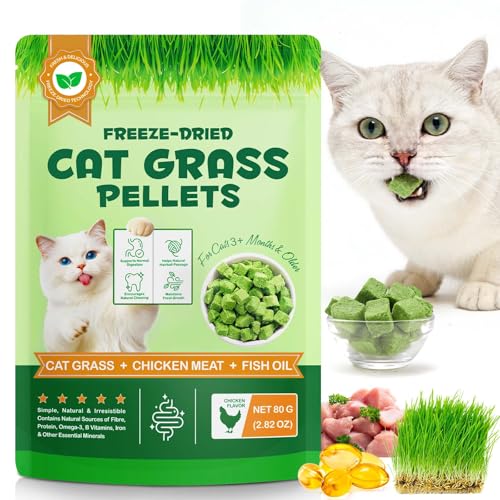 80g Snacks de Hierba para Gatos en Pellets – Liofilizados con Pollo, Hígado, Corazón y Aceite de Pescado – Ricos en Proteínas y Fibra – Anti Bolas de Pelo – para Gatos con Estómago Sensible