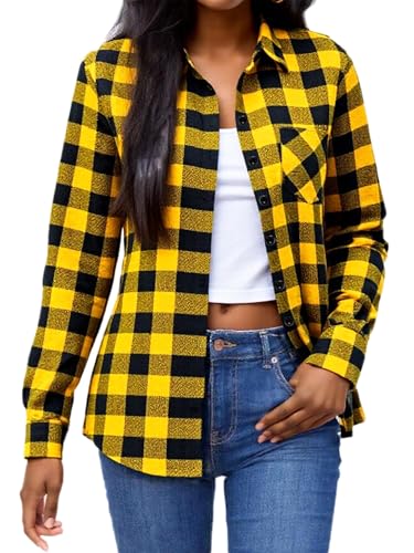 Women Buffalo Flannel Plaid Shirts Long Sleeve Button Down Blouses Yellow Flannel Plaid M
