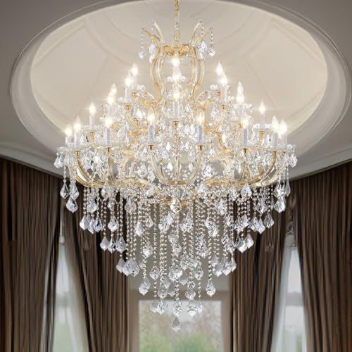TMAFON Large Gold Chandelier Light Fixtures - 36 Lights, 4 Layers Modern Crystal Chandeliers for Hotel, Lobby, Foyer, Entrance Hall, Staircase