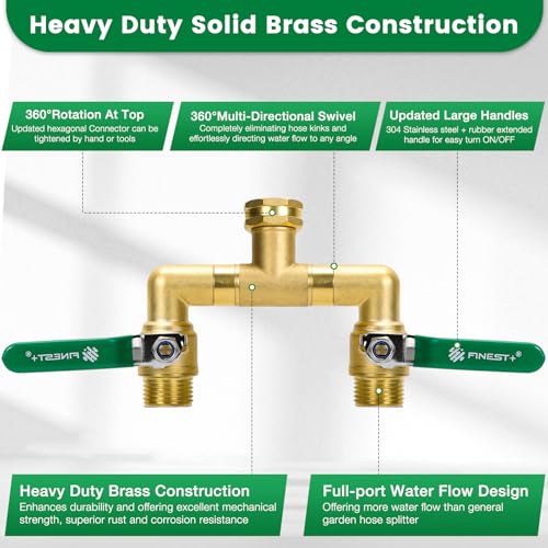 2 Way Brass Garden Hose Splitter Heavy Duty, 360° Rotatable Y Valve, Full Flow Large Ball Valve, 304 Stainless Steel Long Handle, 3/4" GHT Thread for Outdoor Faucet Lawn Irrigation Car Wash by FINEST+ - Used condition - Image 4