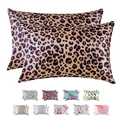 MR&HM Satin Pillowcase for Hair and Skin, Silk Satin Pillowcase 2 Pack, Queen Size Pillow Cases Set of 2, Silky Pillow Cover with Envelope Closure (20x30, Brown Leopard)