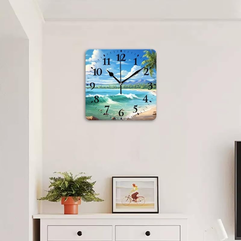 Quartz Wall Clocks Non-Ticking Silent Battery Operated Modern Wall Clocks Decorative for Home,Bedroom-Beautiful Tropical Beach with Palm Trees and Waves(16inch)