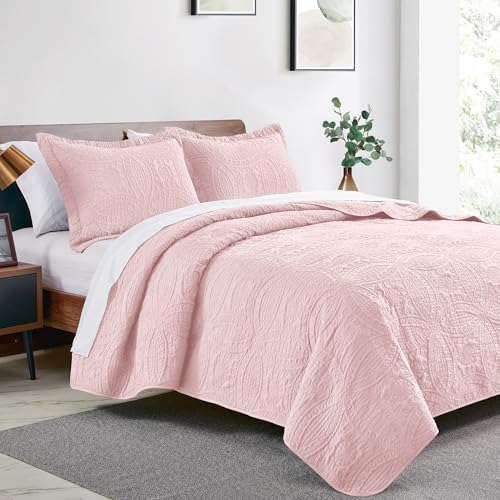 Love's cabin Twin Quilt Set Pink Bedspreads - Soft Bed Summer Lightweight Bedspread Comforter - Modern Style Coin Pattern Coverlet for All Season - 2 Pieces (1 Quilt, 1 Pillow Sham)