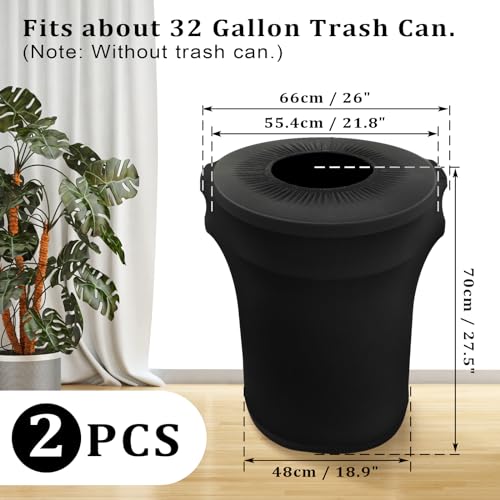 Image of BSTKEY 32 Gallon Stretch Spandex Trash Can Cover, 2 Pack Outdoor Fitted Waste Container Cover Round Garbage Can Covers for Wedding Party Fundraiser Decor, Without Trash Can (Black)