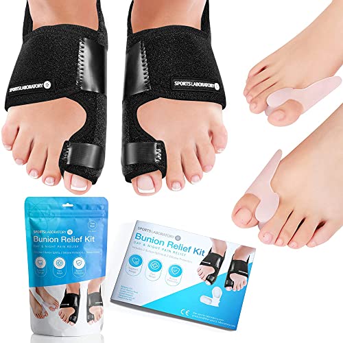 Sports Laboratory Set Corrector de Juanetes Ajustable - Kit Día/Noche - Alivia el Dolor y Protege - 2 Férulas para Juanetes, 2 Correctores Gel Dedo Gordo y 1 Guía sobre Alivio del Dolor