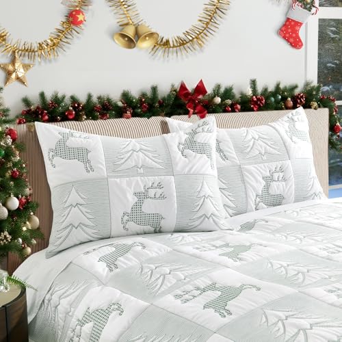 Image of Grassix Christmas Quilt Set King Size, Holiday Bedding Coverlet, White