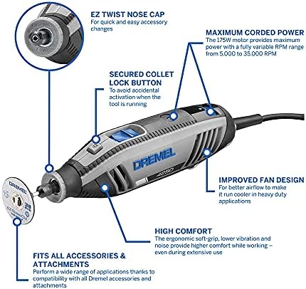 Dremel 4250 Rotary Tool 175 W, Amazon Exclusive Multitool Kit with 3 Attachments 45 Accessories, 175W Motor with Electronic Feedback, Variable Speed 5.000-35.000 RPM