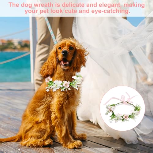 UOCAI Blumenkranz Kopfschmuck, Fliege für Hunde, Hunde Fliege Hochzeit Blumenkranz Kopfschmuck Haarkranz Blumen, Haarreif Blumen für Kopfschmuck Hochzeit, Hund Hochzeit, Foto Requisiten (Rosa)