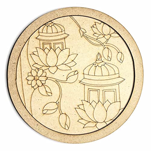 Image of Adikala Temple & Lotus MDF Engraved Design Wall Plate Base with Frame Cutout for DIY Craft