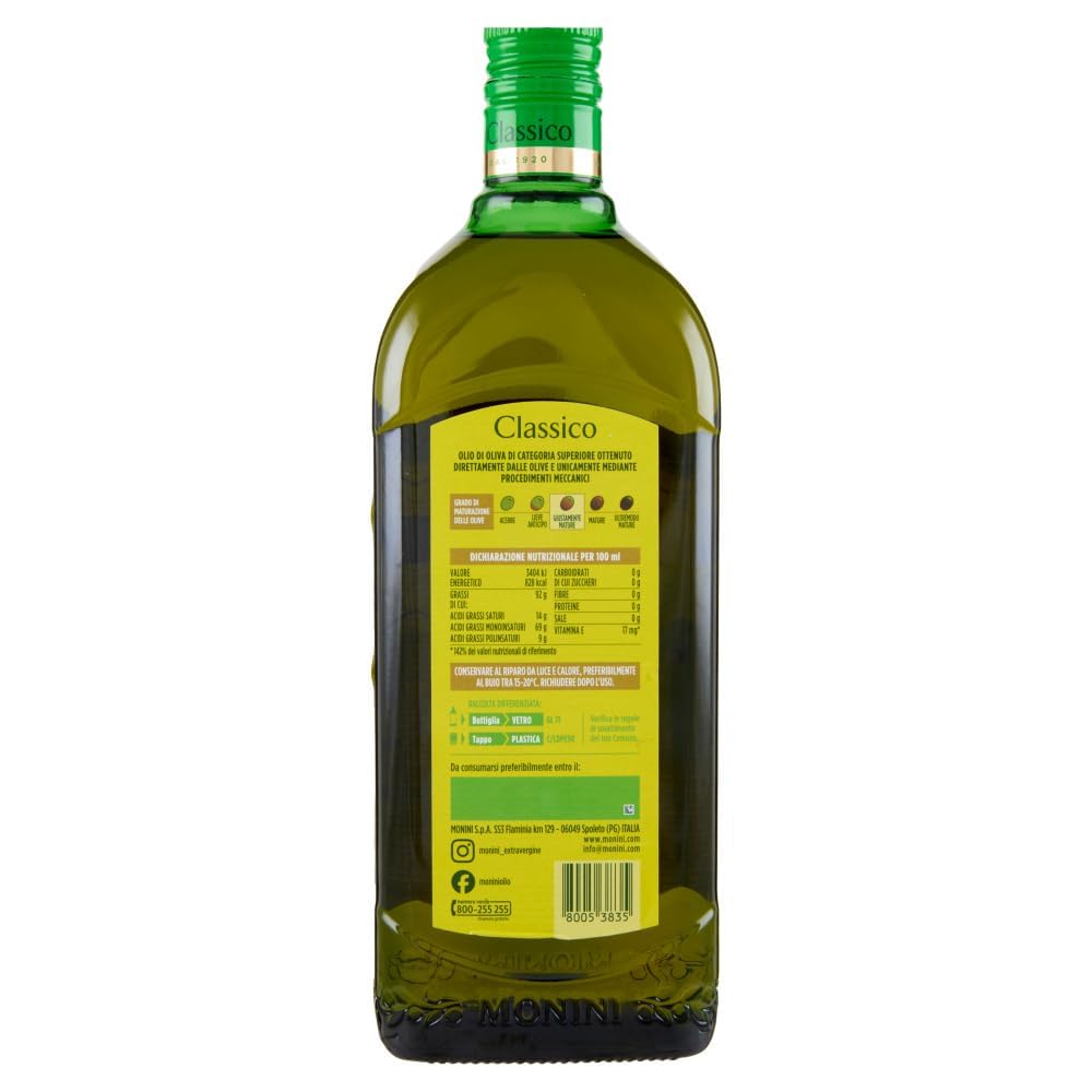 Monini Classico Huile d’Olive Vierge Extra Classico 6 x 1 L Bouteilles Verre Goût Équilibré Cuisine Italienne Méditerranéenne Assaisonnement Marinades Salades + Italian Gourmet Polpa