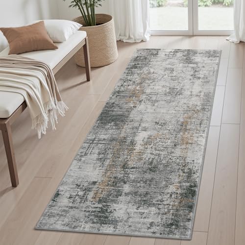 AMOAMI 2 x 8 Hallway Runner Rug Non Slip Super Soft Long Runner Rugs Machine Washable Low Pile Modern Abstract Runners for Hallways for Bedroom Laundry Room Kitchen, Grey Grey 2' x 8'