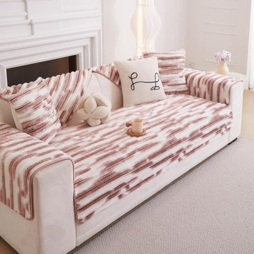 Image of HOMETHREADS 600GSM Thick & Soft Rabbit Fur Plush Sofa Cover-Luxurious Cozy Slipcover, Washable & Pet-Friendly, Anti-Scratch Protector for Sofas (Faux Linning White Pink, 2 Seater Small | 120x70cm)