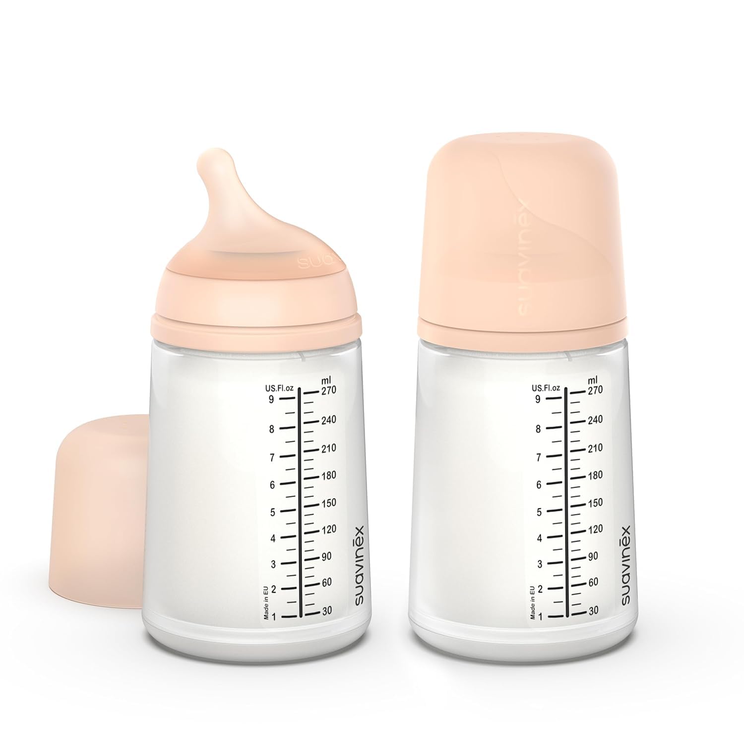 Suavinex, 2er Pack Anti-Colic Babyflasche Zero Zero,mit mittlerem Silikonsauger (M), für Babys ab 3 Monaten, Empfohlen für gestillte Babys und Flaschennahrung, 270 ml, Fair