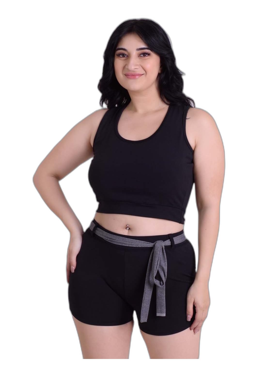 Women's Black Solid Plus Size Swimsuit with Crop top and Full Coverage Shorts with Contrast Belt |Swimming Suit for Women