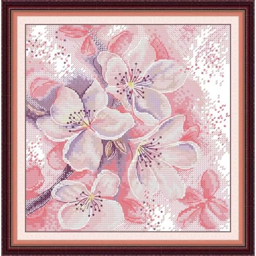 Image of Stamped Cross Stitch Kits for Beginners- Full Set of Pink Peach Blossom Embroidery for Adults,11 CT 3 Strands DIY Patterns Counted Arts Craft 12.6x13 inch
