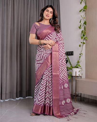 Image of ALMAARI FASHION Handloom Cotton Linen Saree for Women with Floral Printed Design and Tassel Pallu, Traditional Ethnic Lightweight Saree for Daily Office Festive with Blouse Piece