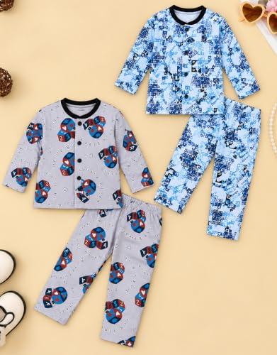 Image of 3BROS Kids Pure Cotton Night Suit Set | Boys Girls Printed Sleepwear Shirt & Pajama Clothing Combo | Soft Breathable Night Dress Outfit | Pack of 2