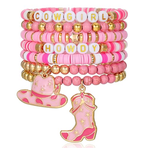 7 Pack Western Cowgirl Beaded Stretch Boho Bracelets for Women Stackable Pink Cowgirl Hat Boots Accessories Turquoise Cow Cactus Flower Charms Bracelets Western Jewelry Gifts