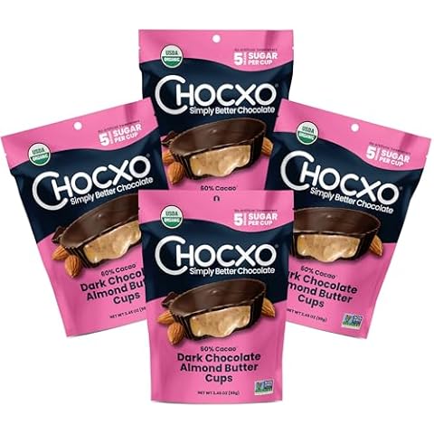 ChocXO Dark Chocolate Almond Butter Cups | Keto Certified, USDA Organic, Low Sugar, Certified Gluten Free and Kosher, 98 g (4-Pack) Cover