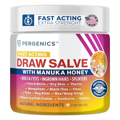 Pergenics Drawing Salve with Real Manuka Honey Ointment for Ingrown Hair, Boil & Cyst, Splinter Remover, Bug Spider Bites, Bee Sting, Mosquito bite Itch, Poison Ivy, Minor Cuts, Burns, 2 Oz