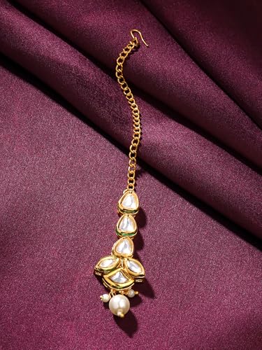 Image of Yellow Chimes Maangtikka for Women Gold Toned Kundan Studded Floral Designed White Beads Drop Maangtikka for Women and Girls