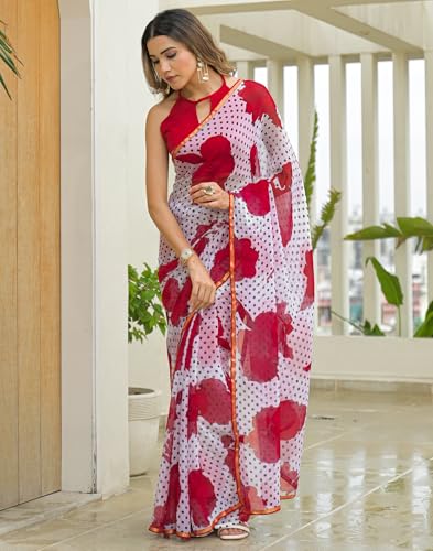 Image of SIRIL Women's Chiffon Printed Saree with Unstitched Blouse Piece