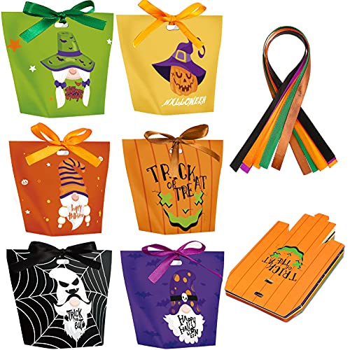 FRIUSATE Halloween Candy Bags Treat Bags-30 Pack Paper Goodie Bags Trick or Treat Goody Sweet Bags Party Favors Gift Bags for Kids Halloween Party Supplies Decorations 6 Different Designs with Ribbon