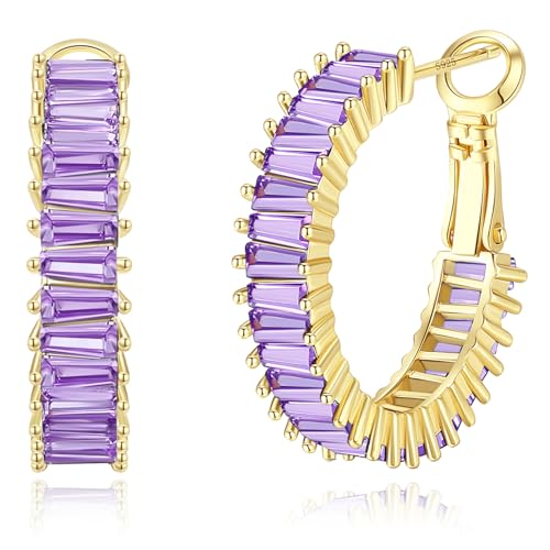 GLOQUAT Gold Purple Hoop Earrings 14K Gold Plated Amethyst Earrings for Women Purple Rhinestone Earring Lavender Earring Round Circle Hoops Vintage Baguette Cubic Zirconia Hoop Jewelry for Women 25mm