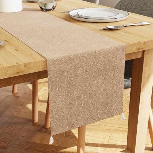 Image of Encasa XO 4 to 6 Seater Dining Embossed Velvet Table Runner | Size 32x183 cm | Beige Color with Premium Polyester - Machine Washable